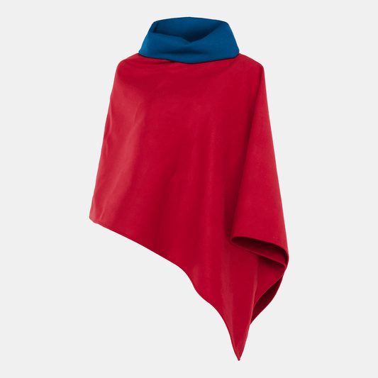 PonchoSA Maroon Lopsided Poncho with Blue Rolled Collar