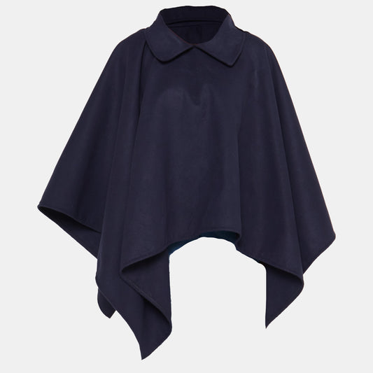 Navy Blue Rectangular Poncho with Classic Collar